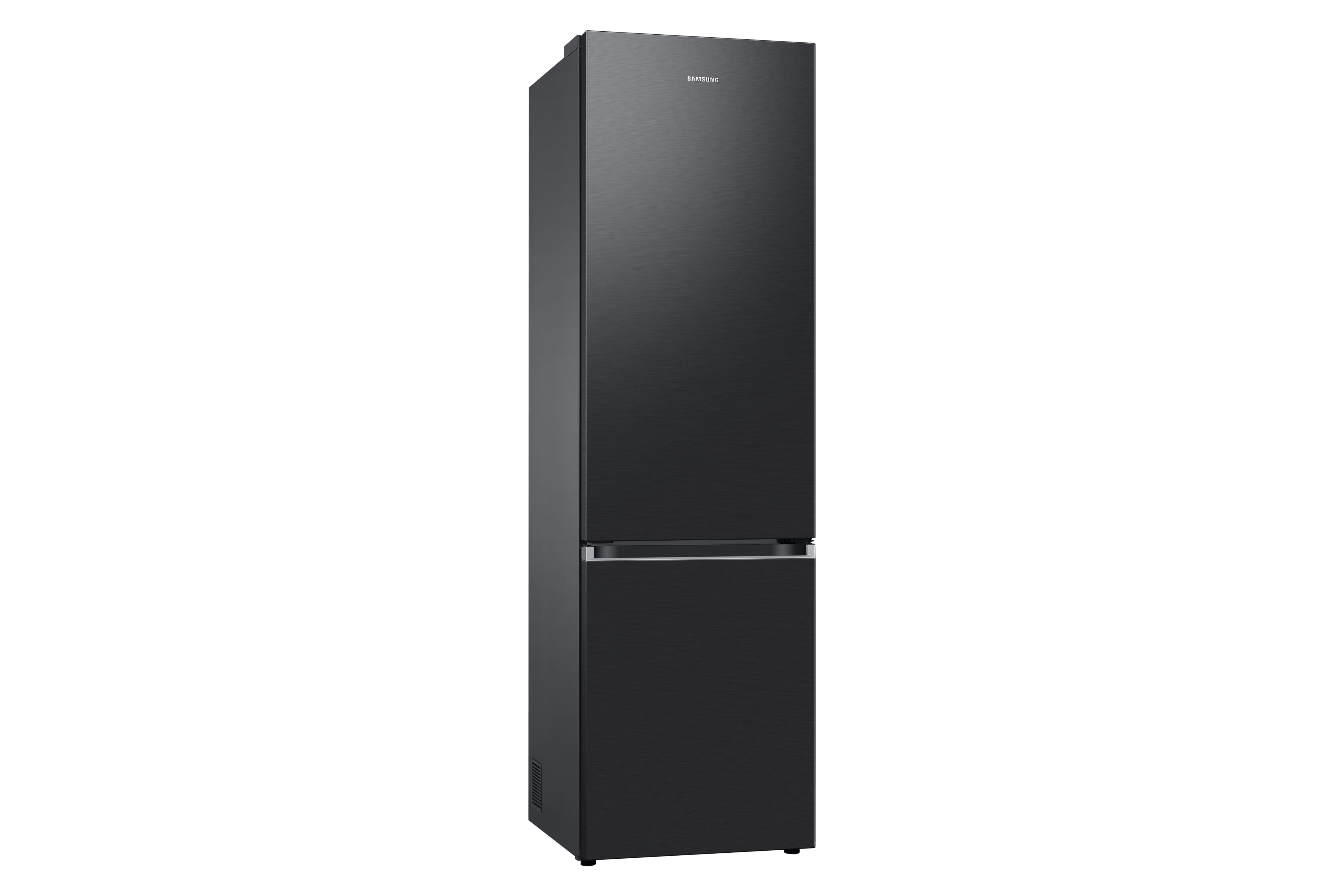 Schwarzer Siemens Kühlschrank mit Gefrierschublade unten, vor weißem Hintergrund.