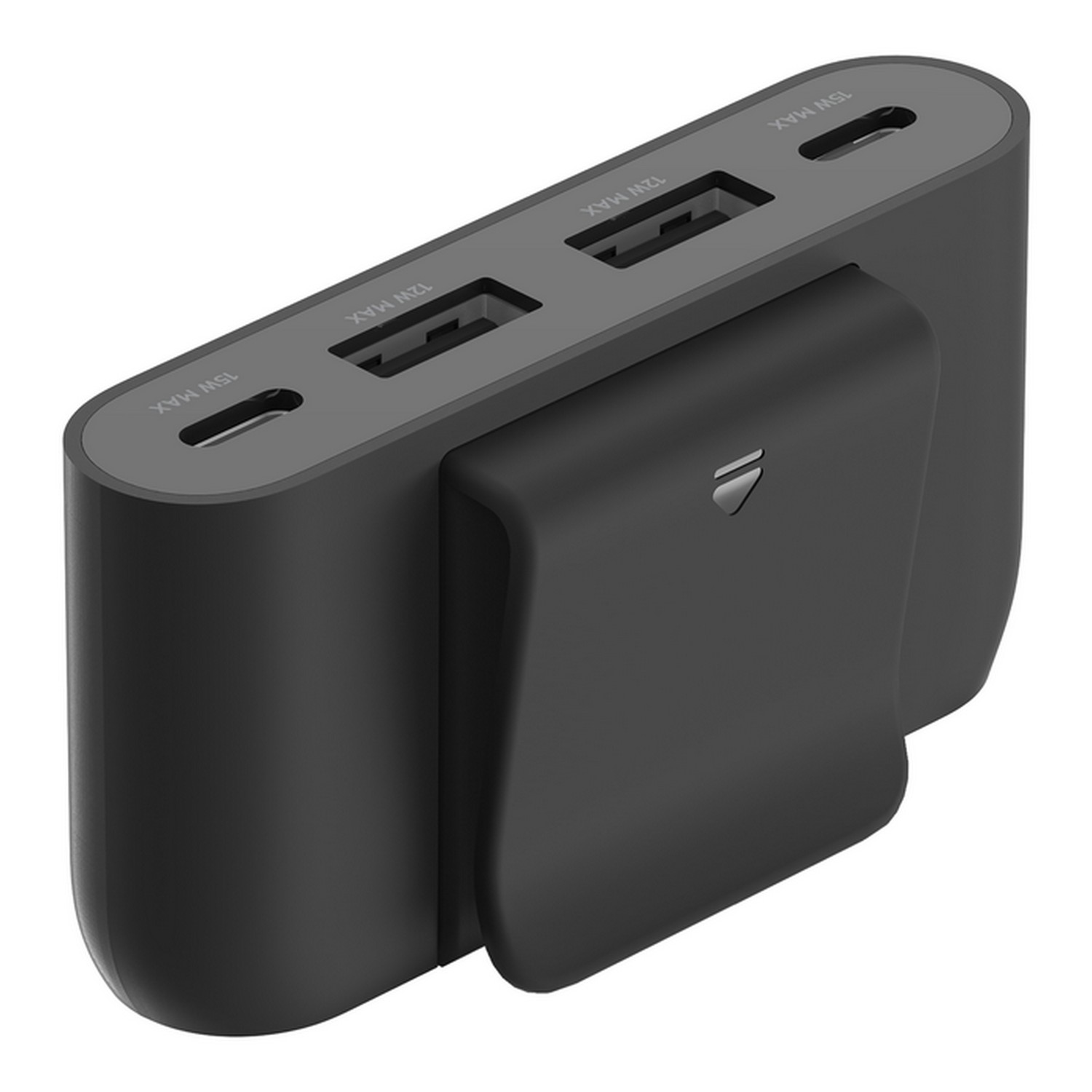 A black portable charger with two USB ports and a charging clip.
