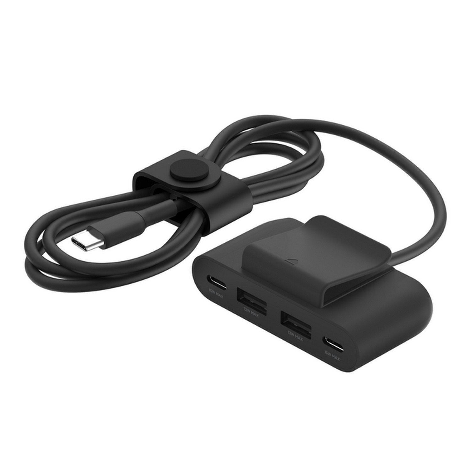 A black charger with a black cable on a white surface.