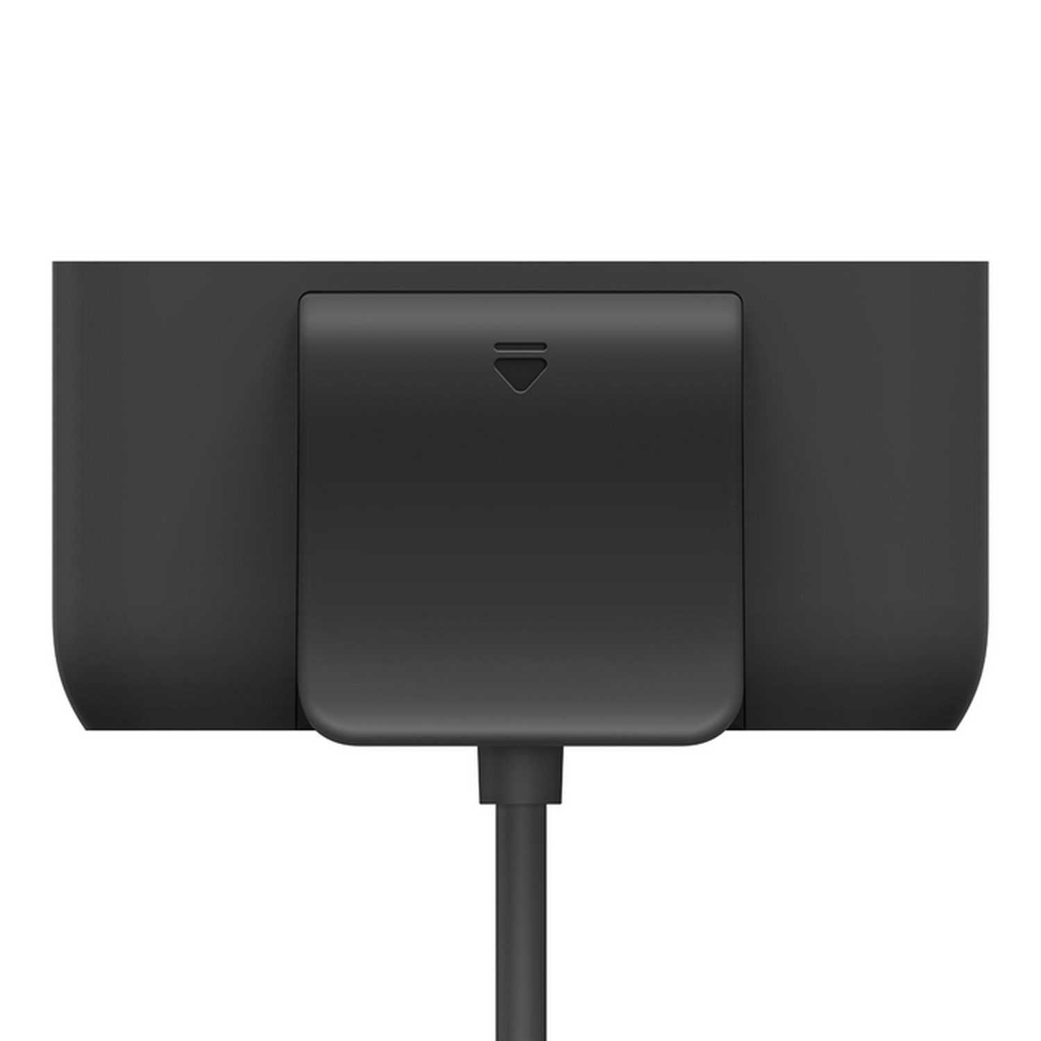 Close-up of a black charger. The charging port and a small indicator light are visible.
