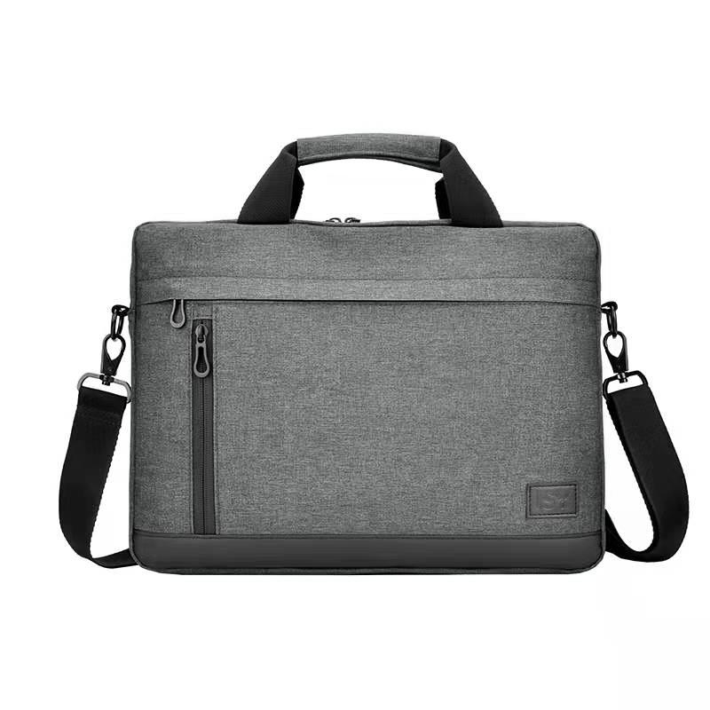 Graue Laptoptasche mit Griff und Schultergurt. Schwarzer Reißverschluss und Akzente.