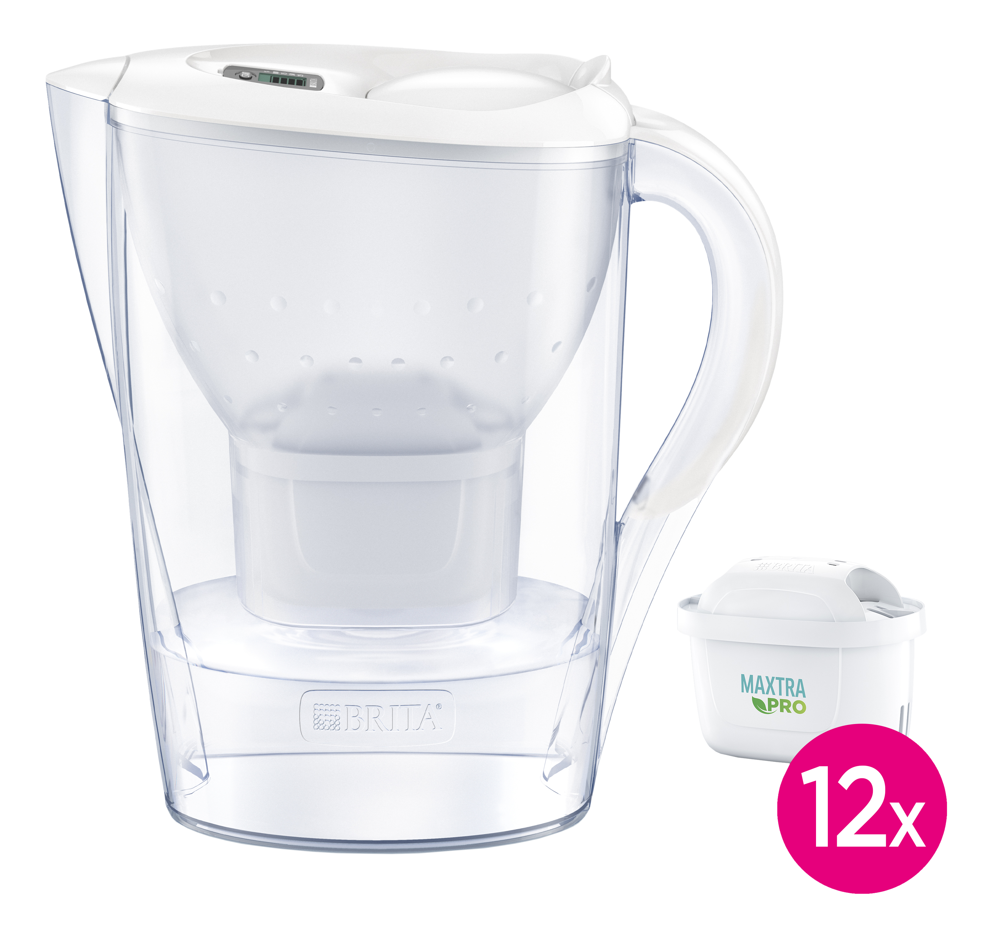 Filtre à eau blanc avec filtre et remplacement de filtre. Le logo Brita est visible.