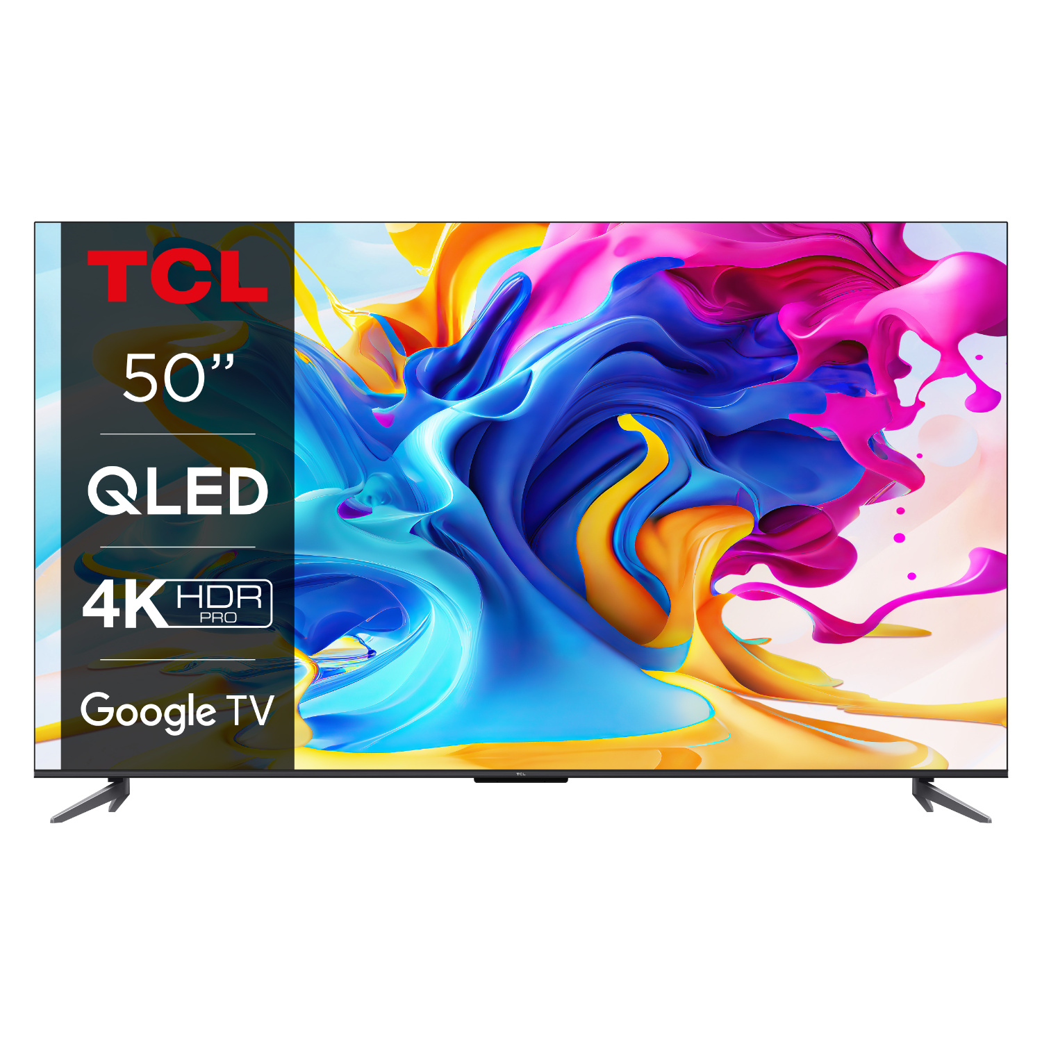 TCL 50" QLED 4K HDR Google TV. Het scherm toont kleurrijke abstracte kunst, tekst aan de linkerkant.