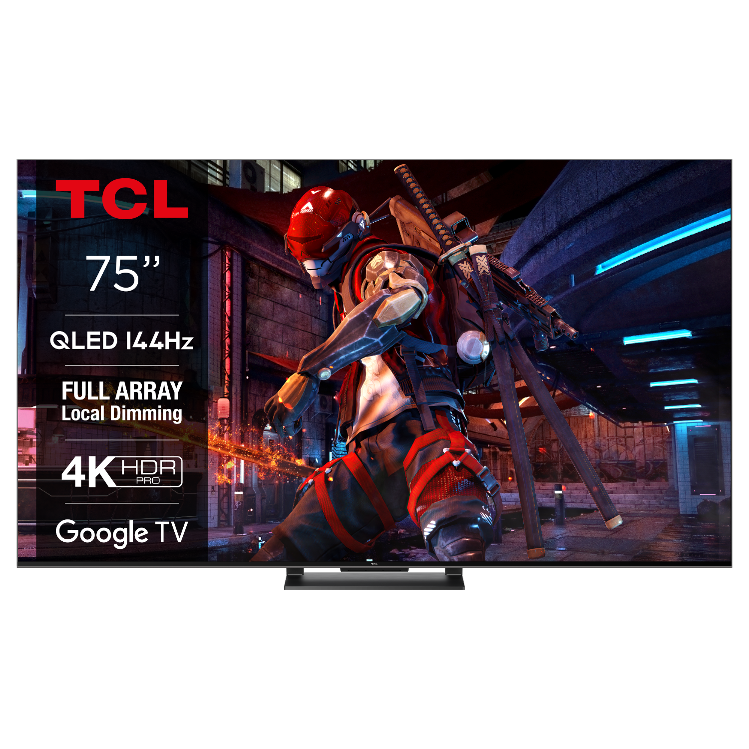 TCL 75" QLED TV toont een game scène met een krijger, een donkere achtergrond.