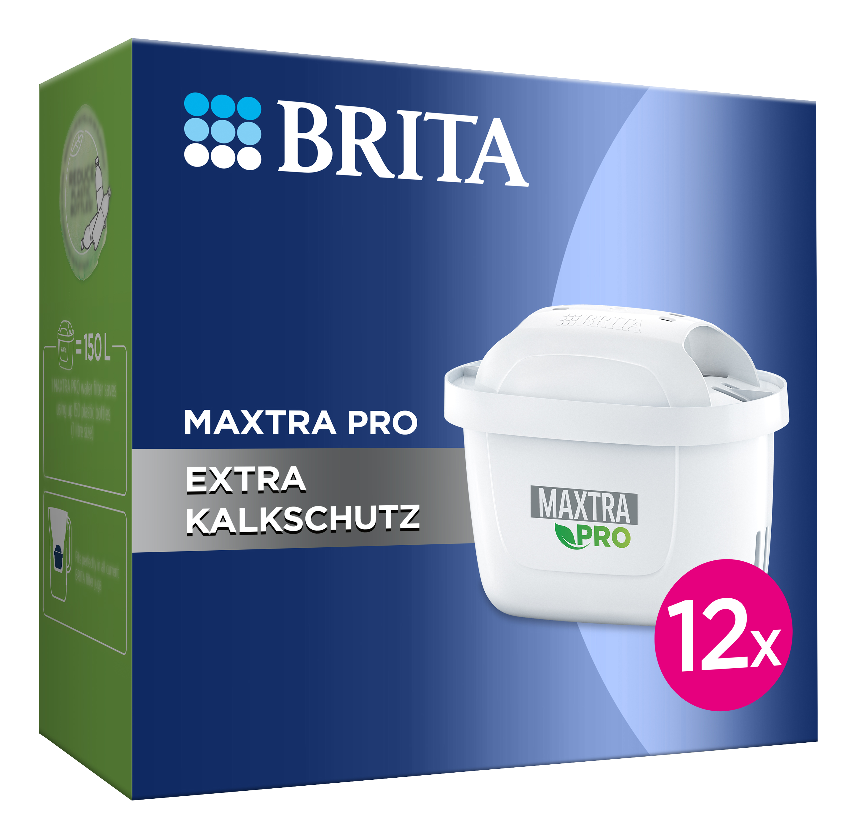 Brita Wasserfilterbox mit einem Filter darin. Die Box ist blau und weiß.