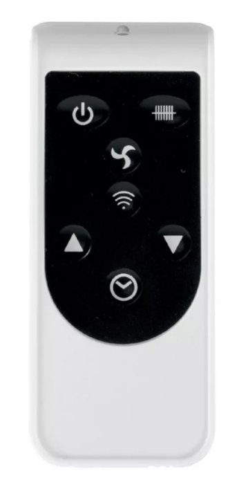 Fehér távirányító fekete gombokkal: bekapcsolás, ventilátor, Wi-Fi, nyilak, időzítő.