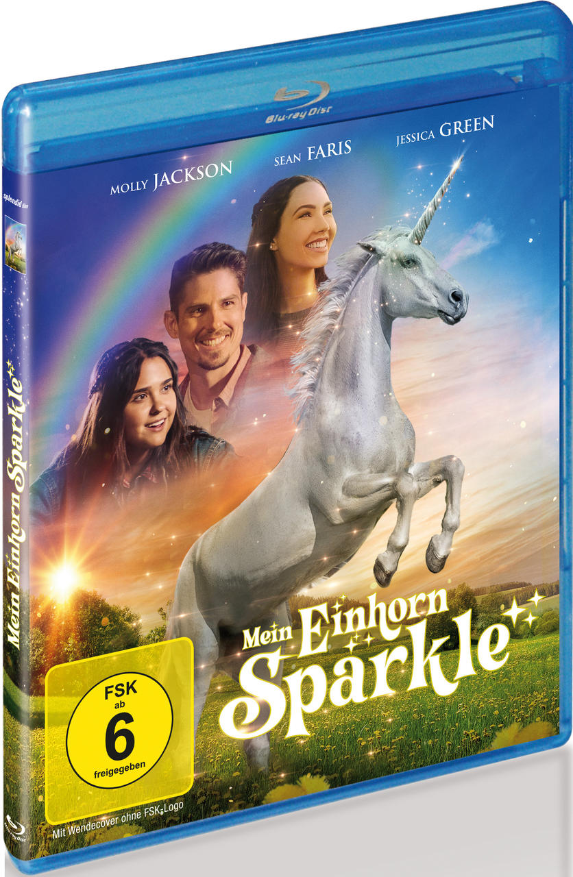 Blu-ray-Hülle mit Filmplakat, das ein Einhorn, einen Regenbogen und drei Personen zeigt. Titel: Mein Einhorn Sparkle.