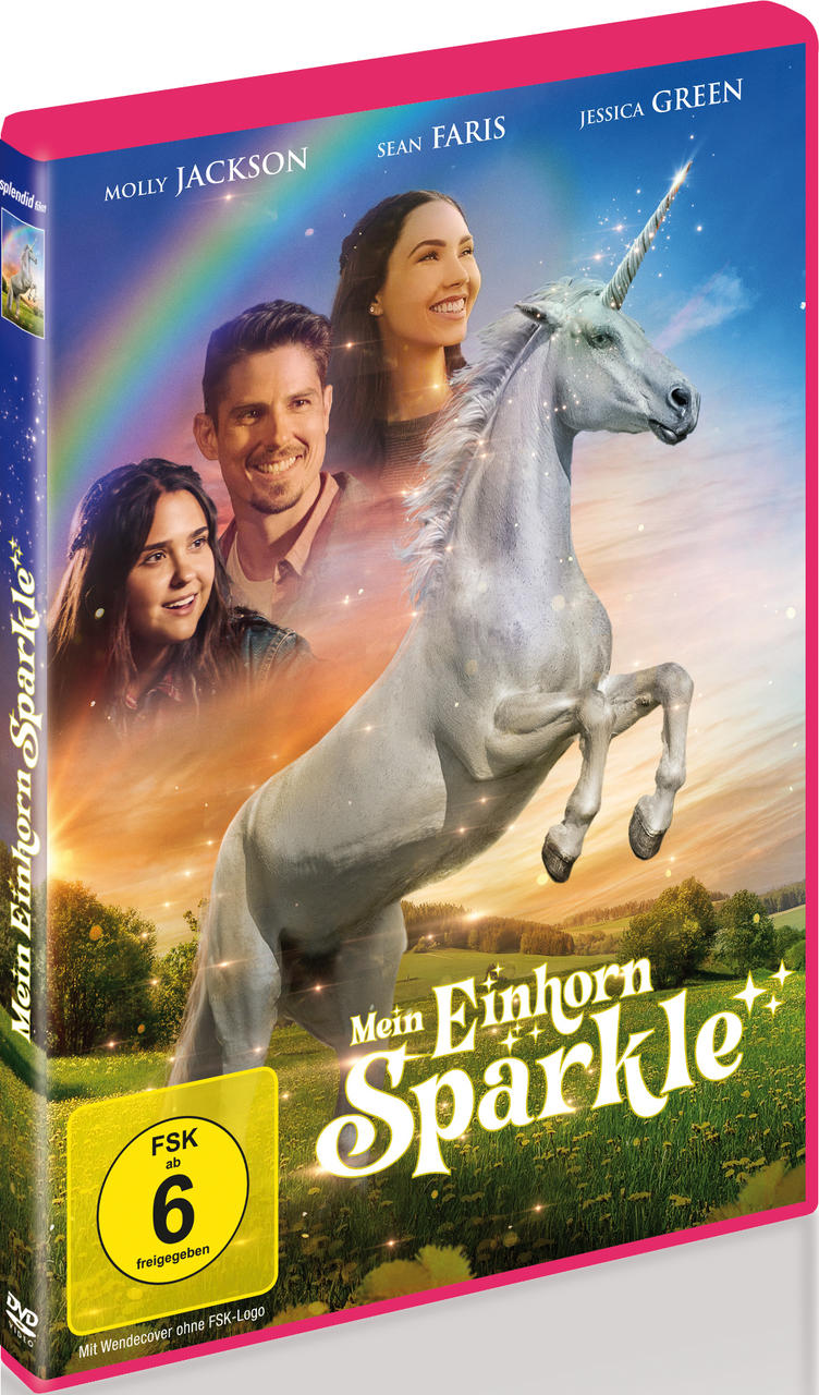 DVD-Hülle mit Einhorn und Schauspielern. Text: Mein Einhorn Sparkle+. Grüne und blaue Farben.