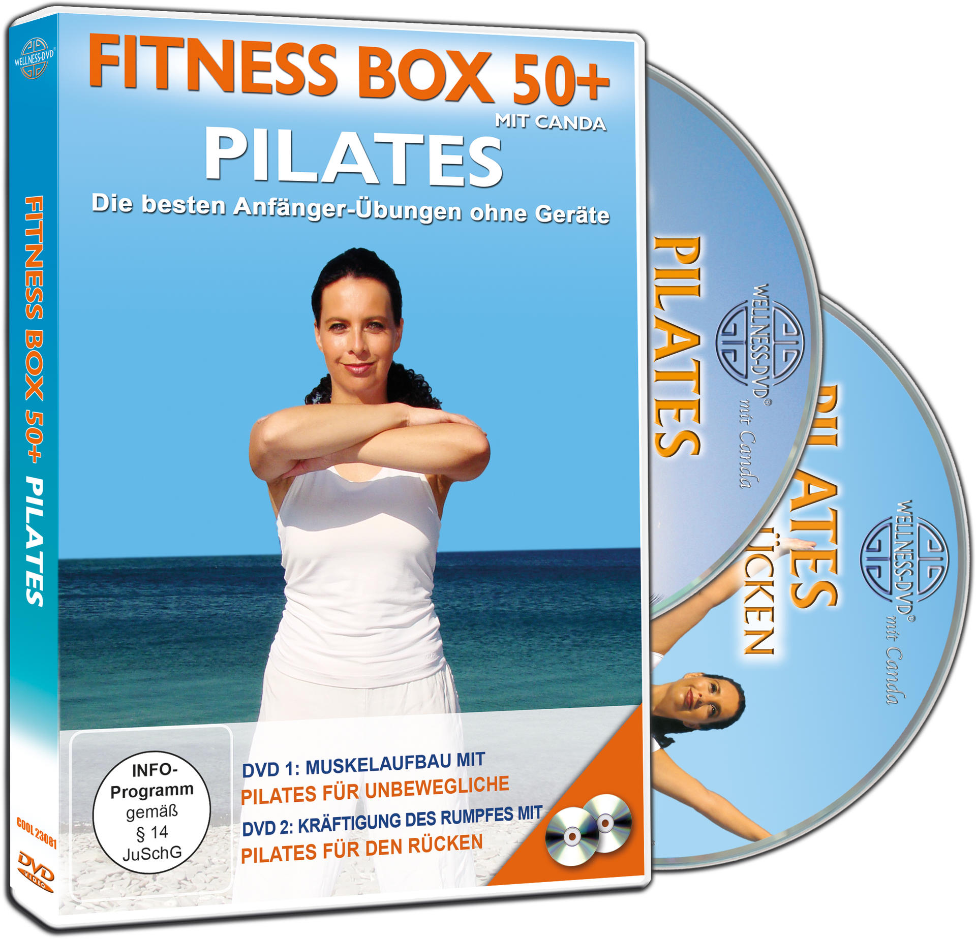 DVD-Box-Set mit einer Frau in Sportkleidung, mit dem Titel 'FITNESS BOX 50+ PILATES'.