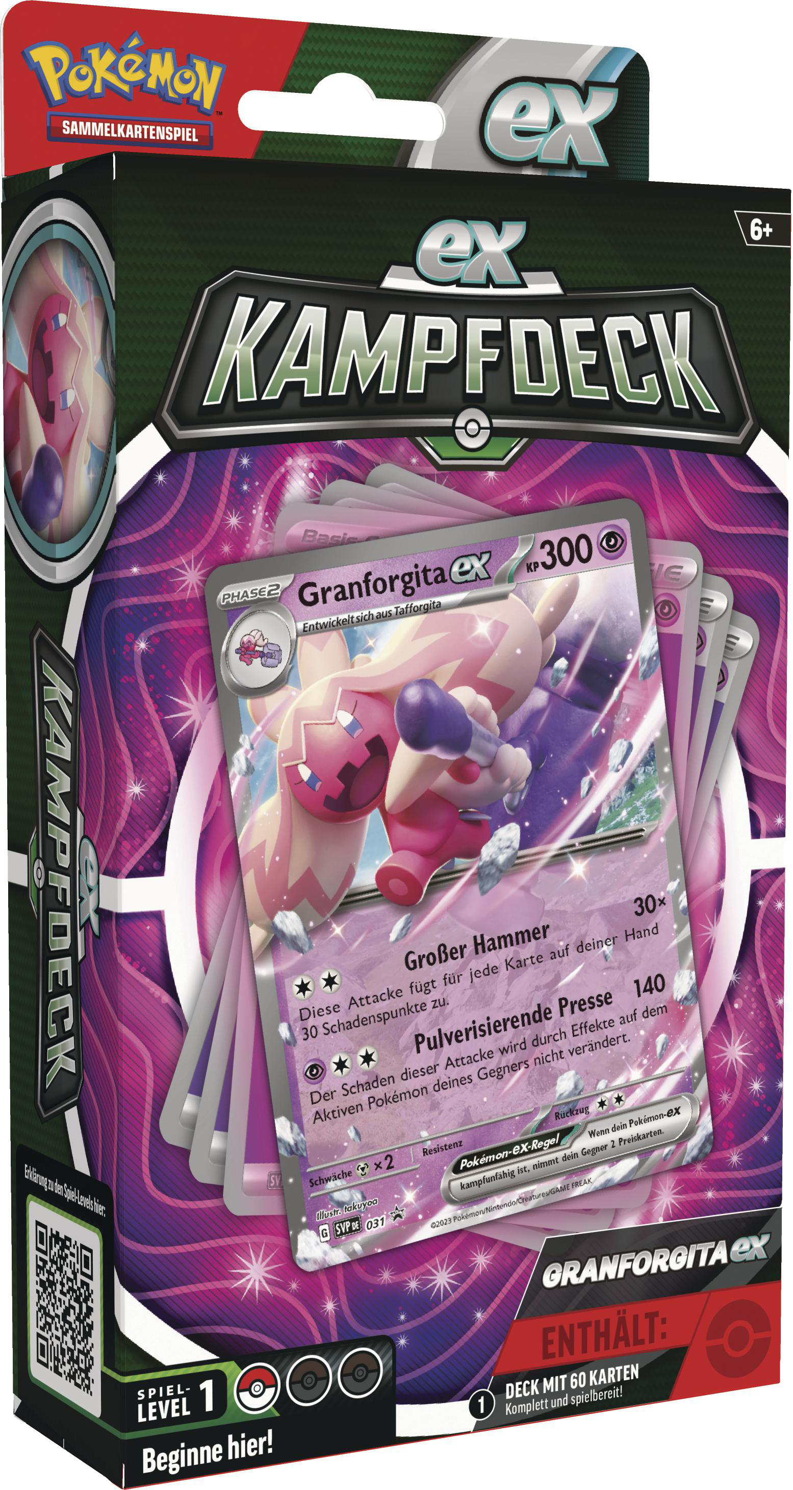 Eine Pokémon-Sammelkartenspielbox mit einem rosa-weißen Charakter und Karten.