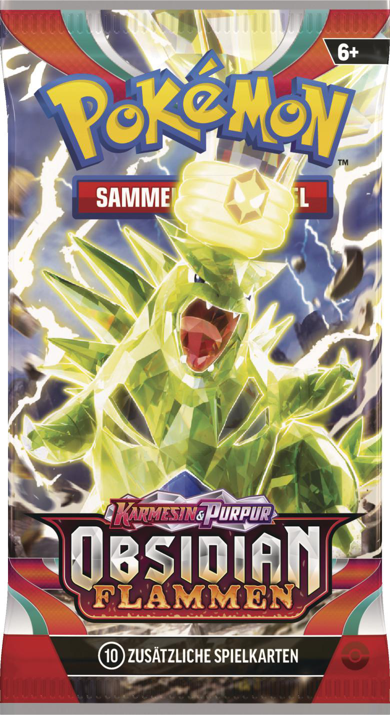 Eine Pokemon-Kartenpackung mit einem grünen drachenartigen Wesen, dem Text "Obsidian Flames".