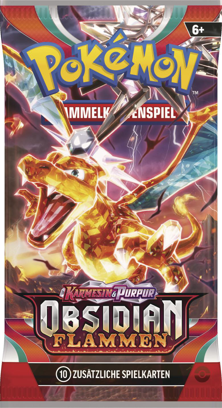 Pokemon-Kartenpackung. Glurak auf dem Cover. Mehrfarbiger Hintergrund.