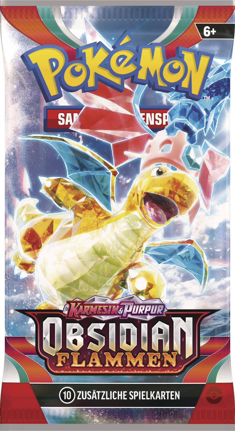 Eine versiegelte Pokémon-Kartenpackung mit einem goldenen, drachenartigen Wesen. Der Text lautet 'Obsidian Flames'.