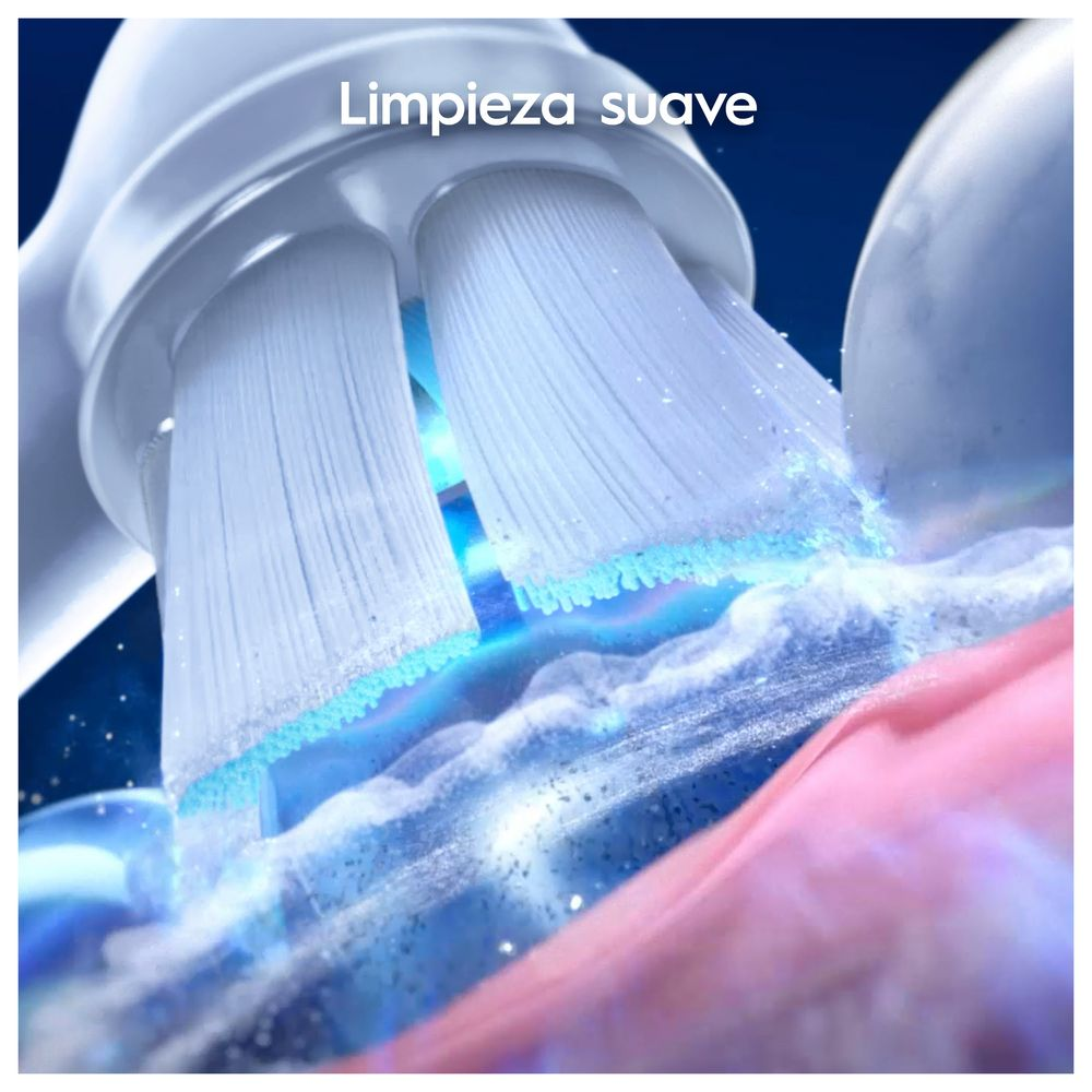 Primer plano de las cerdas de un cepillo de dientes eléctrico, con el texto 'Limpieza suave' (limpieza suave).