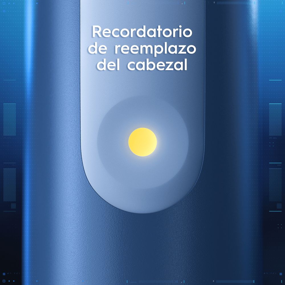 Primer plano de un cepillo de dientes eléctrico azul. Luz amarilla en el centro. Texto en español: 'Recordatorio de reemplazo'.