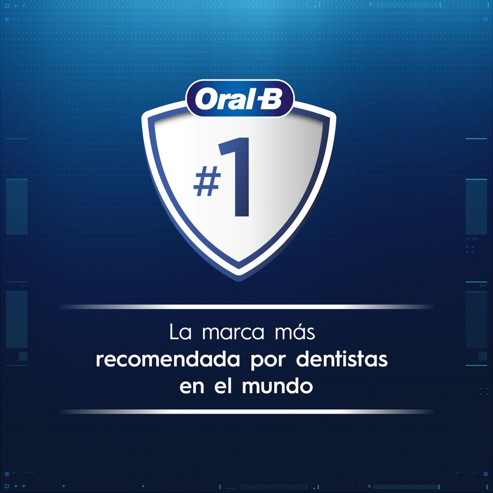 Un anuncio de Oral-B, un escudo blanco con un número uno y las palabras 'Más recomendado por dentistas'.