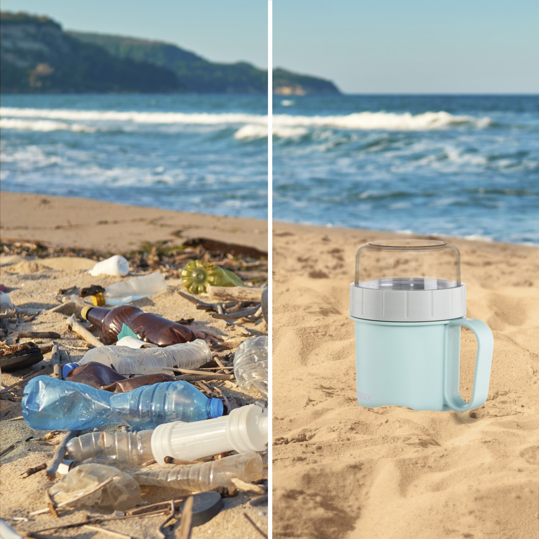 Scène de plage avec des déchets et une tasse réutilisable à droite. Océan en arrière-plan.