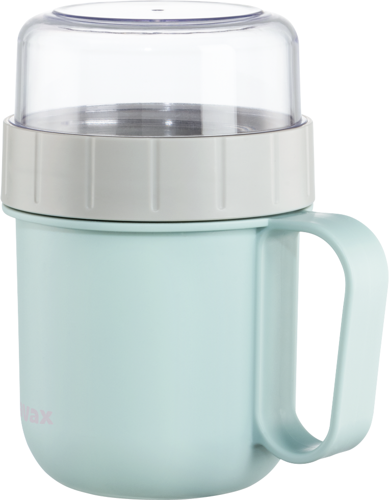 Un mug de voyage bleu clair avec un couvercle transparent.