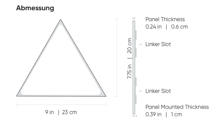 Diagramma di un triangolo con dimensioni, mostra base di 9 pollici/23 cm e altezza di 7,75 pollici/20 cm, con dettagli.