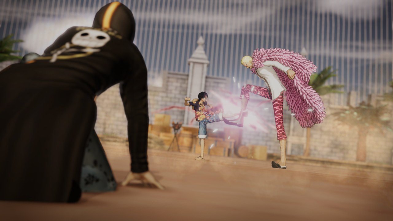 Escena de anime: Dos figuras luchando. Una usa una sudadera con capucha de calavera, la otra un abrigo de plumas rosa.