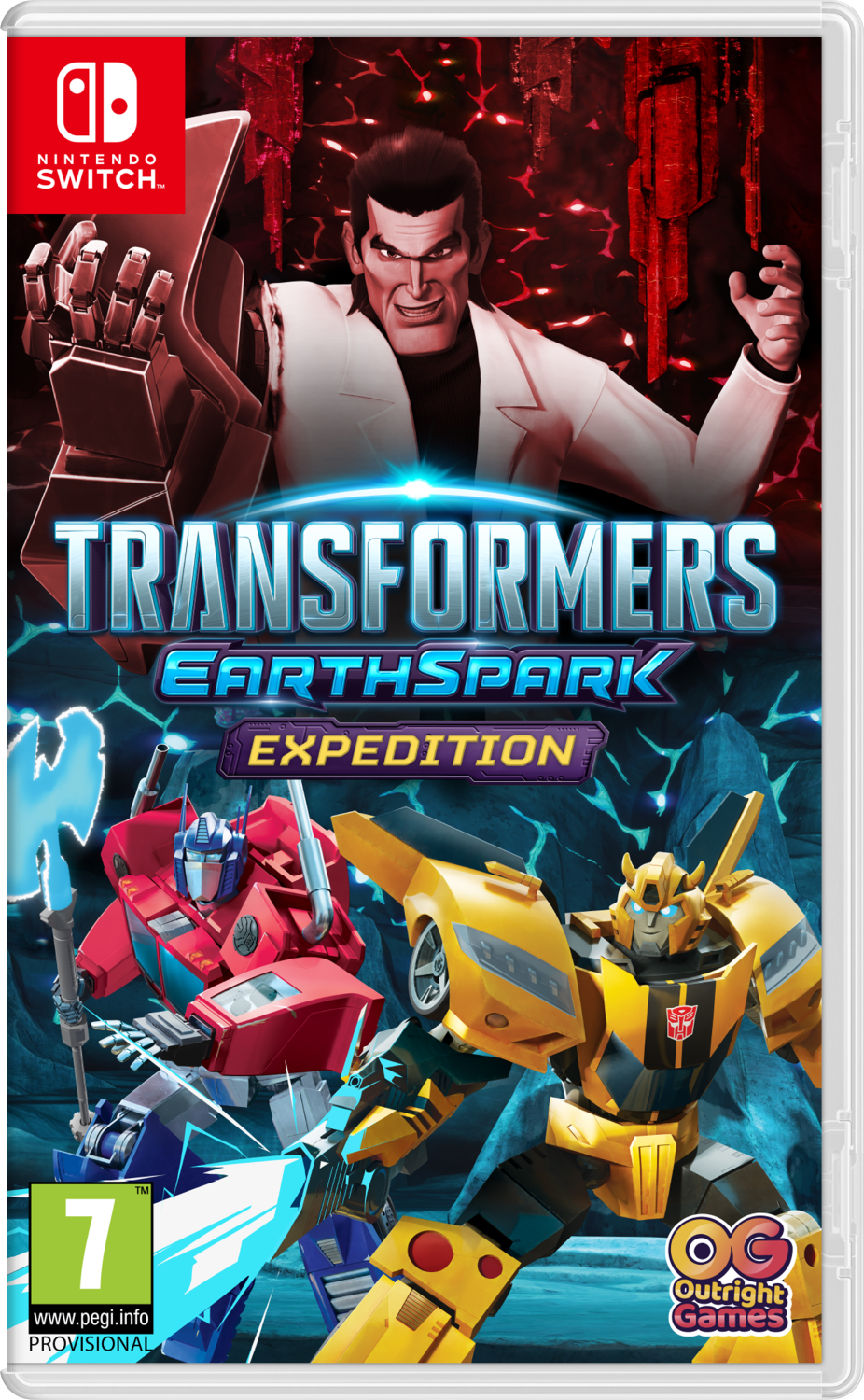 Arte de la caja del juego para Transformers: EarthSpark Expedition, con personajes de robots y un villano.