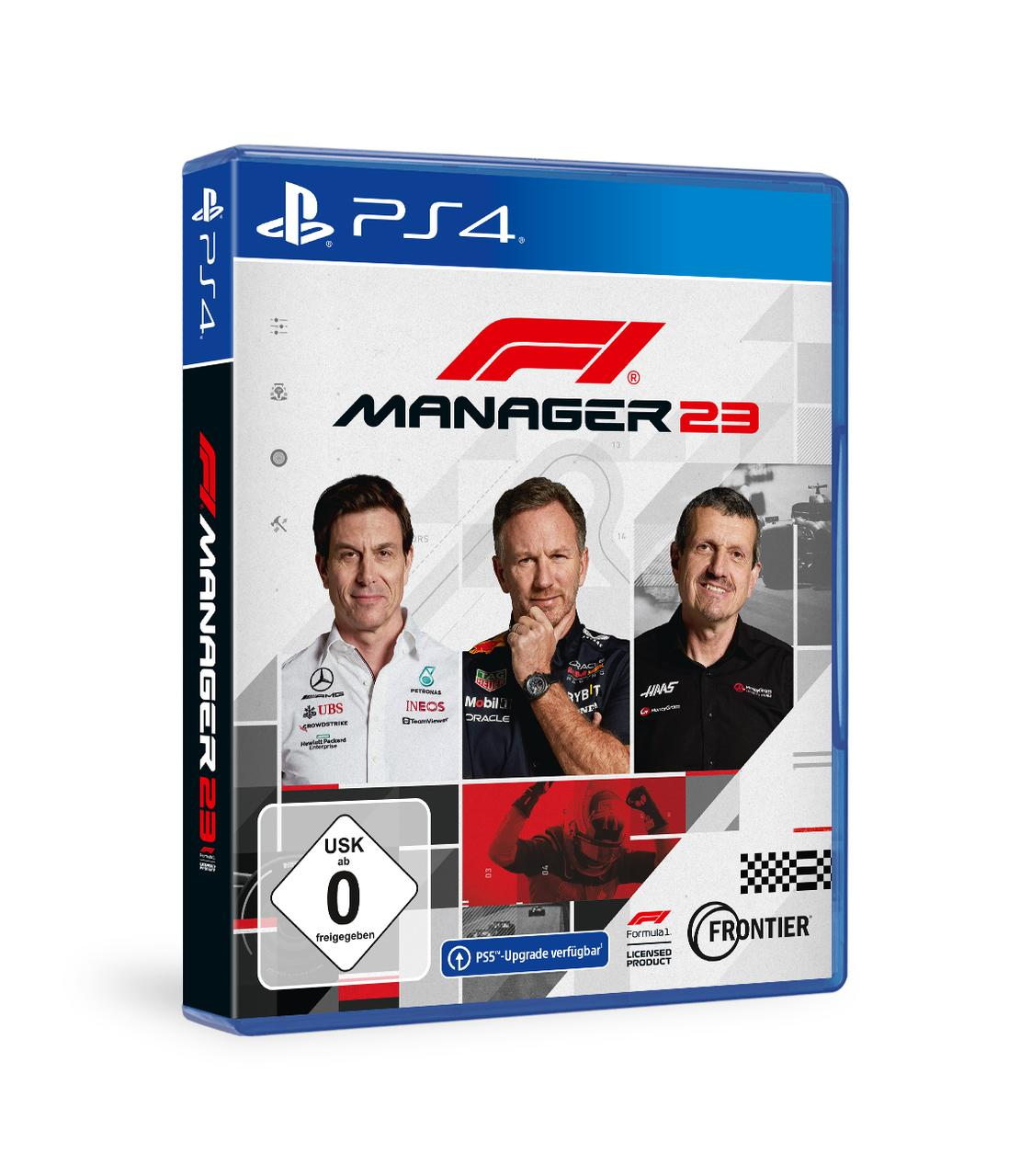 F1 Manager 23-Spielbox mit drei Männern auf dem Cover, blauem Gehäuse und PlayStation 4-Logo.