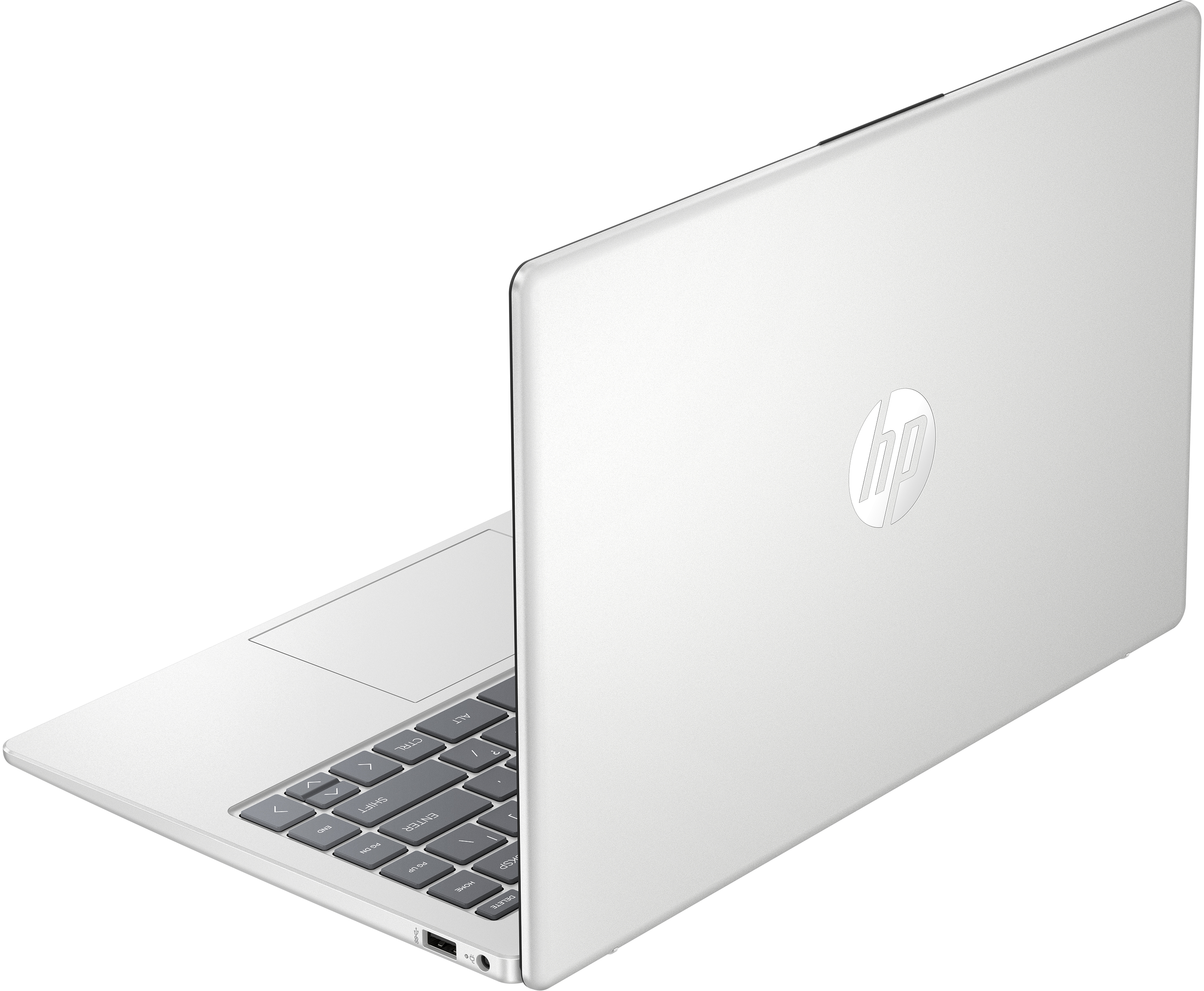 Ein weißer HP Laptop mit geöffnetem Deckel, der die Tastatur und das Logo auf der Rückseite zeigt.