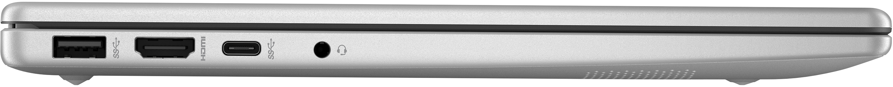 Seitenansicht eines weißen Laptops mit Anschlüssen: USB, HDMI, USB-C, Audioanschluss.