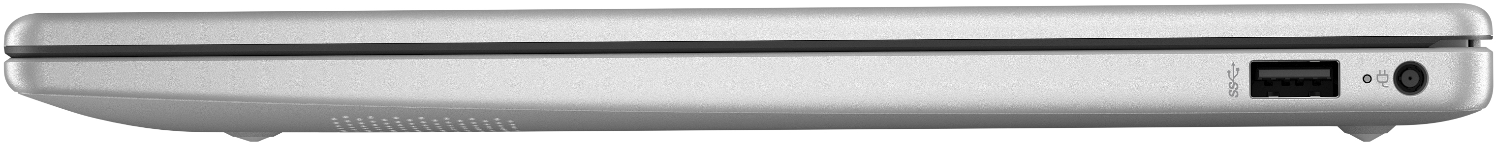 Seitenansicht eines silbernen Laptops mit USB-Anschluss und Stromanschluss.