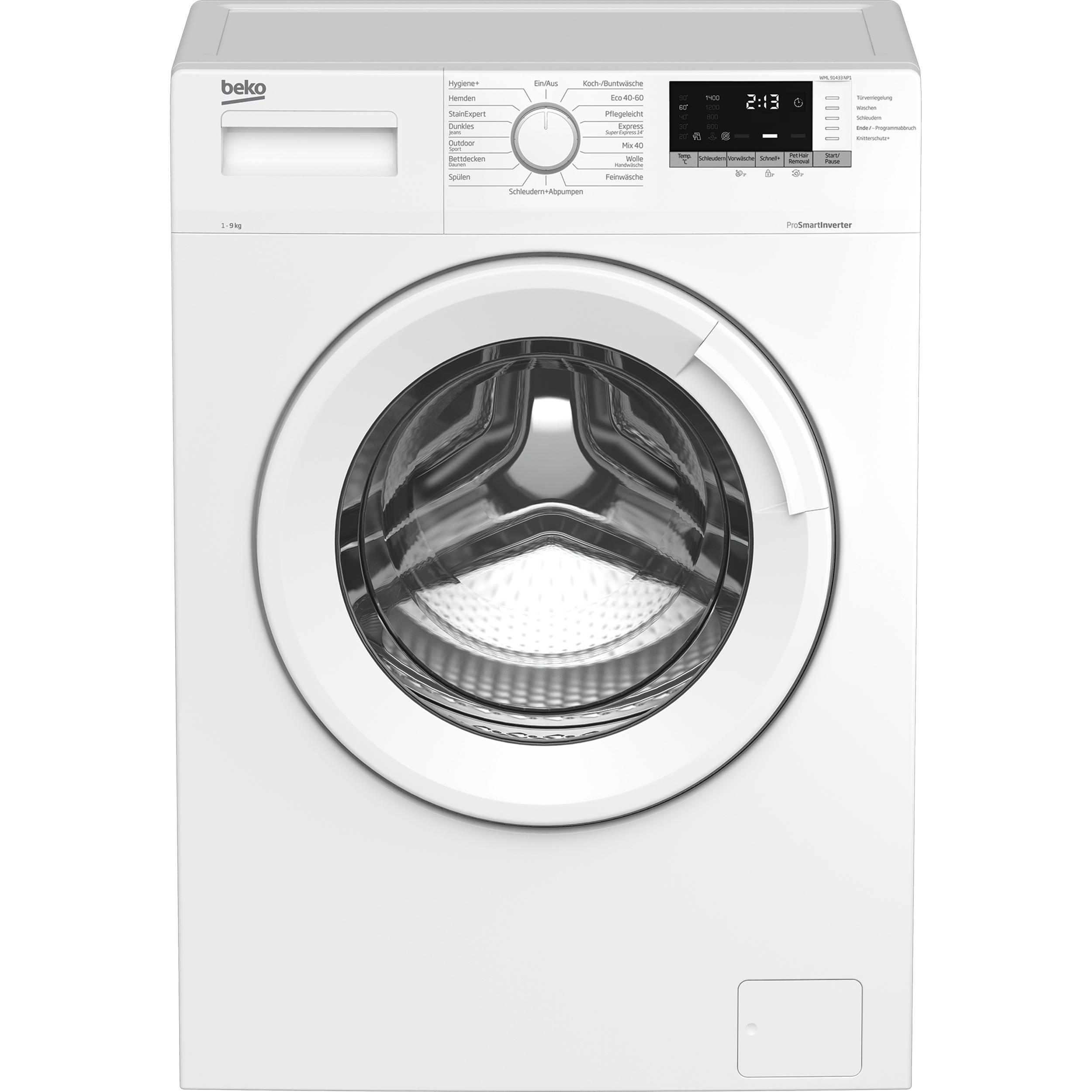 Eine weiße Beko-Waschmaschine mit runder Tür und Bedienfeld. Digitalanzeige zeigt 2:13.