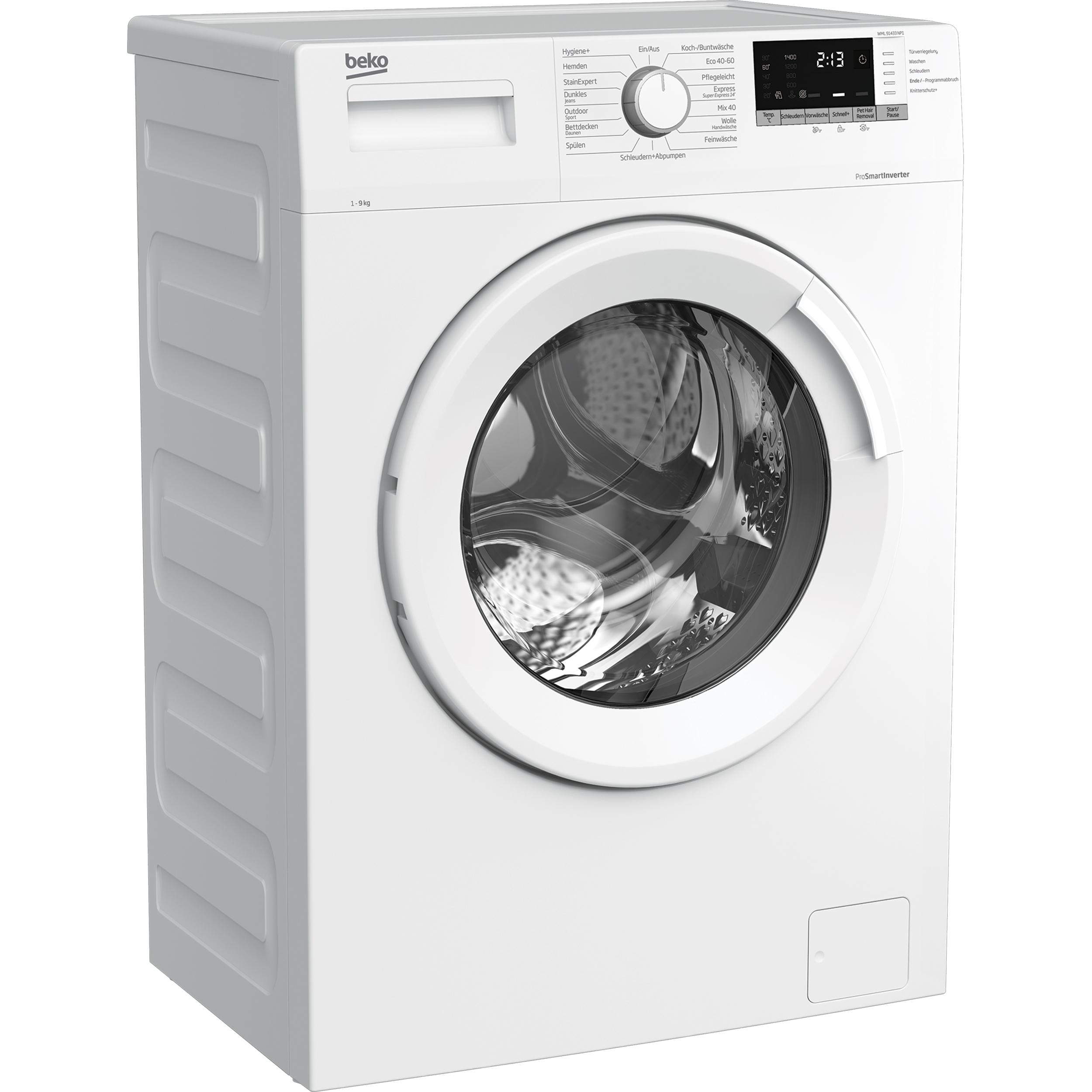 Weiße Beko Waschmaschine mit Bedienfeld und runder Tür. Digitalanzeige zeigt die Zeit.