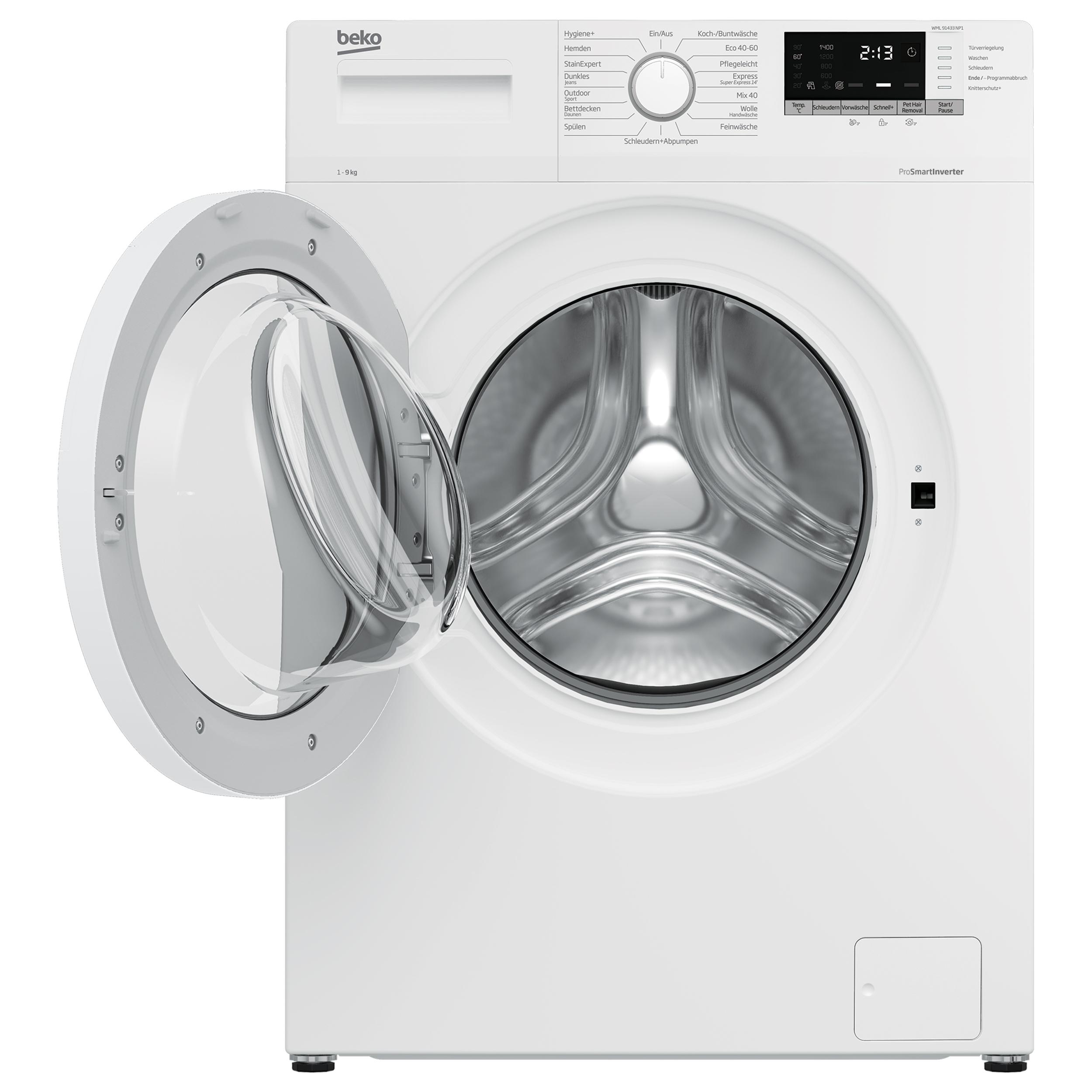 Weiße Beko Waschmaschine mit offener Tür, Bedienfeld und Digitalanzeige mit 2:13.