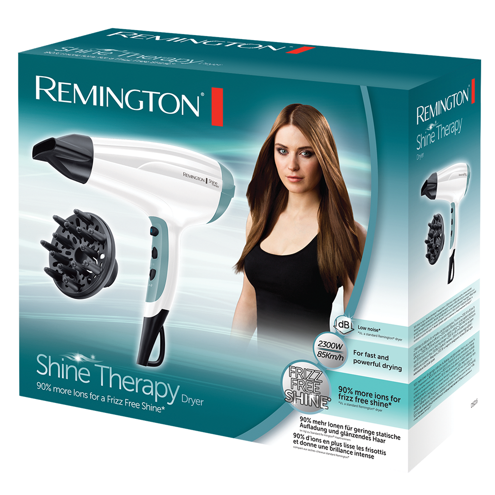 Biała i niebieska suszarka do włosów Remington Shine Therapy, z akcesoriami i pudełkiem.