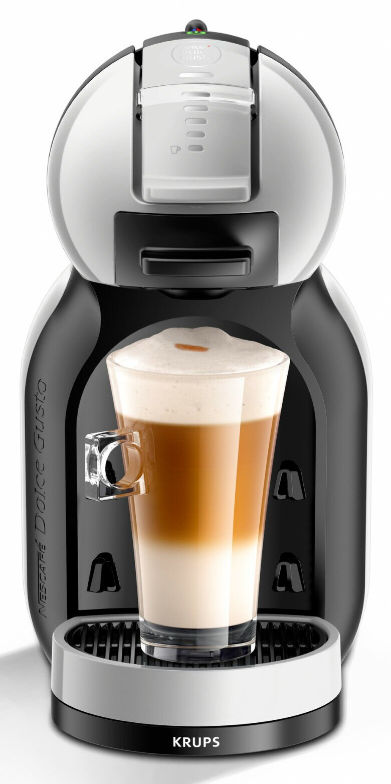 Ekspres do kawy z latte w szklance. Czarno-biały design, marka Krups.