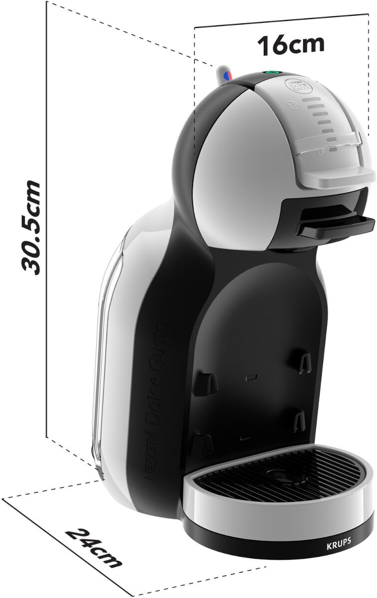 Czarno-biały ekspres do kawy Dolce Gusto z pokazanymi wymiarami.