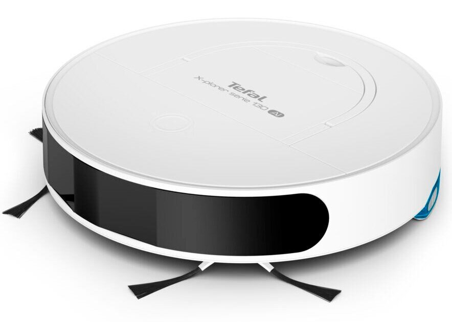 Biały odkurzacz robot, okrągły kształt, czarny przód, na białej powierzchni.