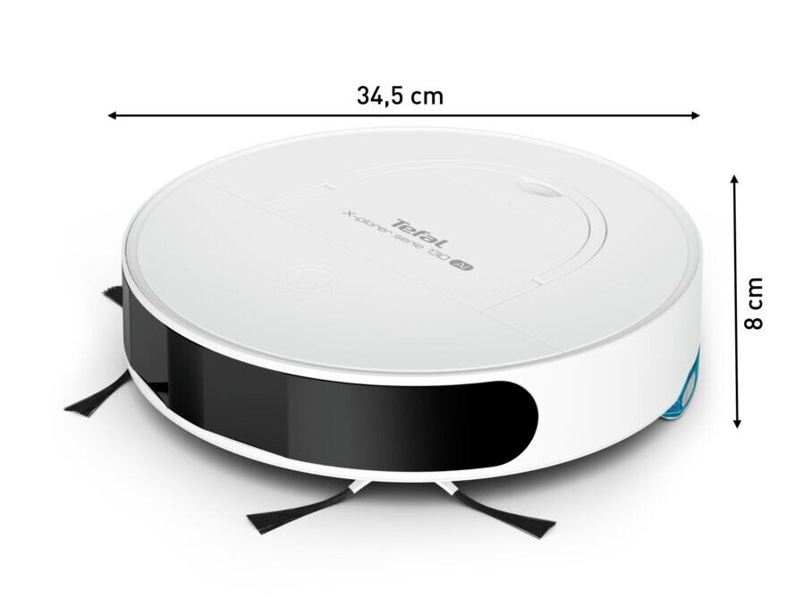Robot sprzątający z wymiarami. Biały korpus i czarne akcenty.