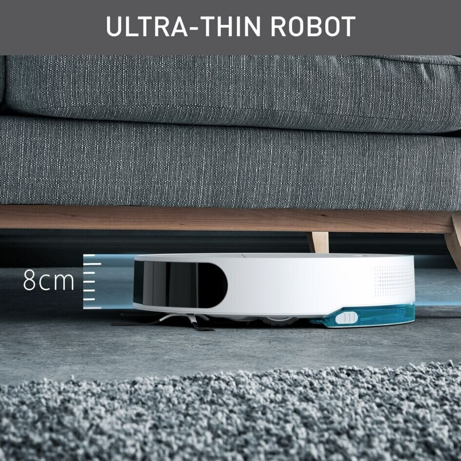 Biało-niebieski ultracienki robot odkurzający na dywanie.