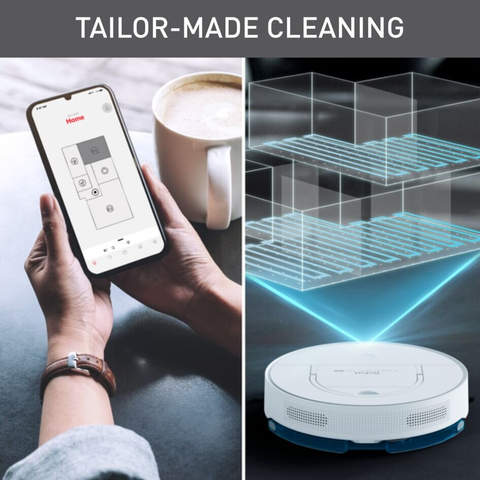 Smartfon z planem piętra i biały odkurzacz robot.