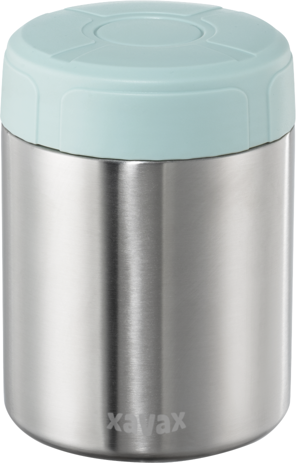Récipient alimentaire isotherme en acier inoxydable avec couvercle bleu clair, en studio, fond blanc.