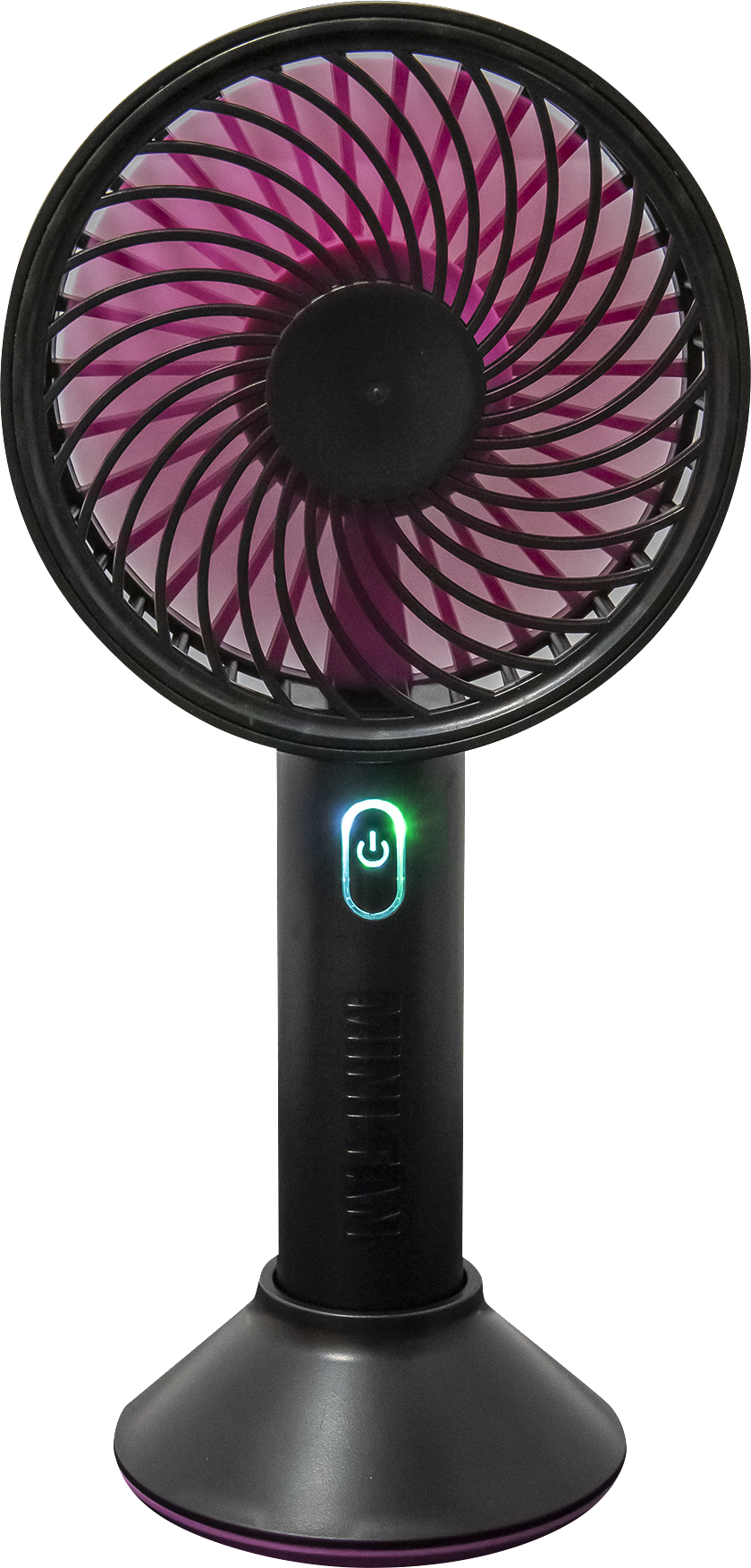Schwarzer tragbarer Ventilator mit rosa Flügeln, ein Einschalter ist beleuchtet.