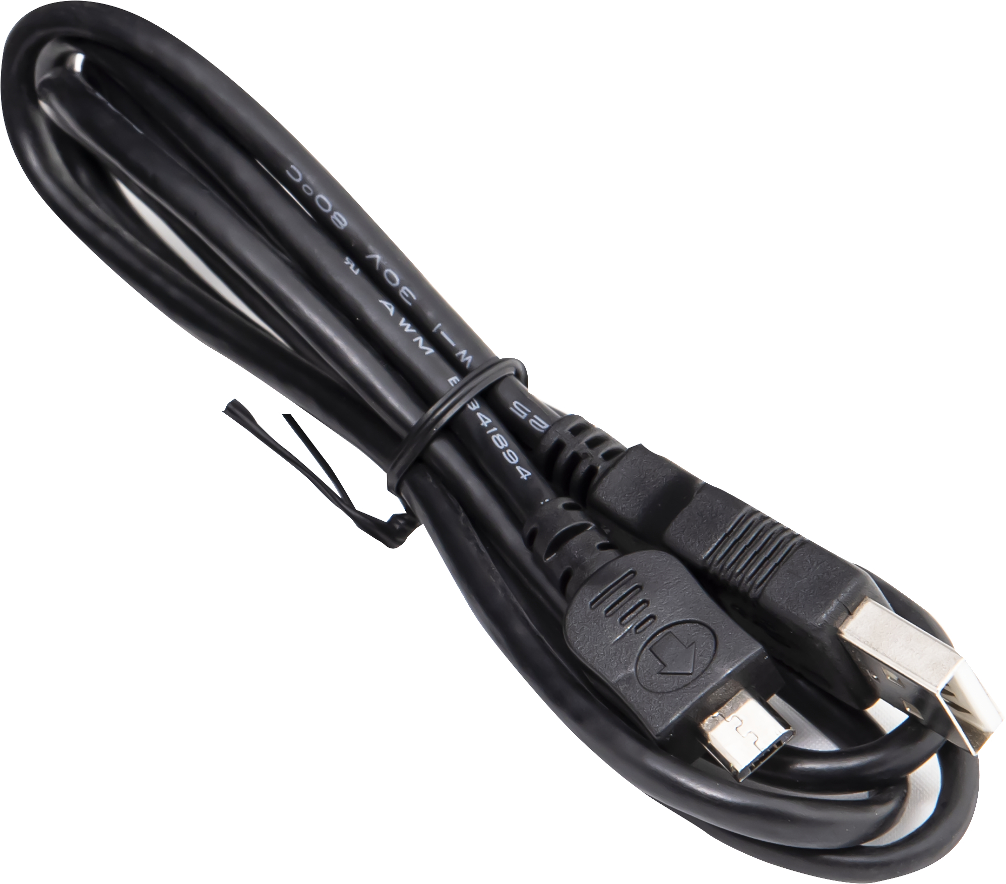 Schwarzes USB-Kabel mit Steckern. Es ist aufgerollt und mit einem schwarzen Kabelbinder gebunden.