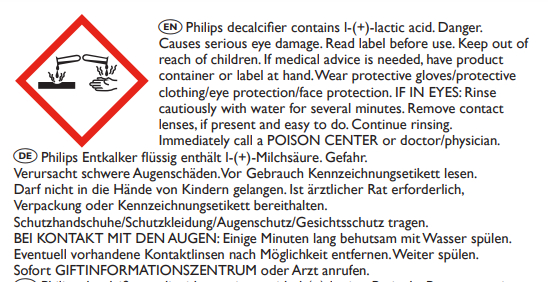 Warnschild und Text über Augenschäden durch ein Produkt.