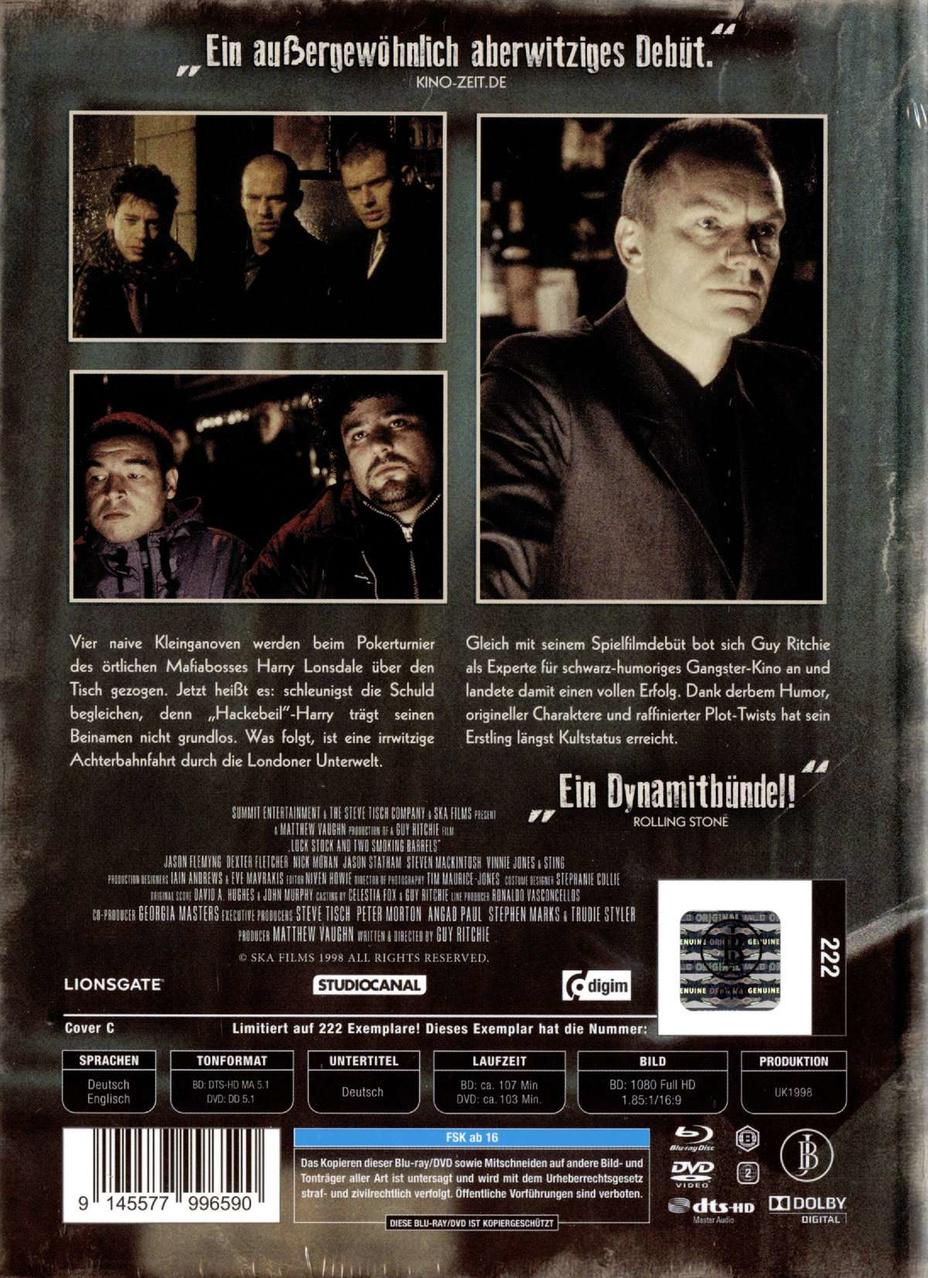 DVD-Rückseite mit Schauspielern und Text. Der Einband ist dunkel mit Text in Deutsch und Englisch.