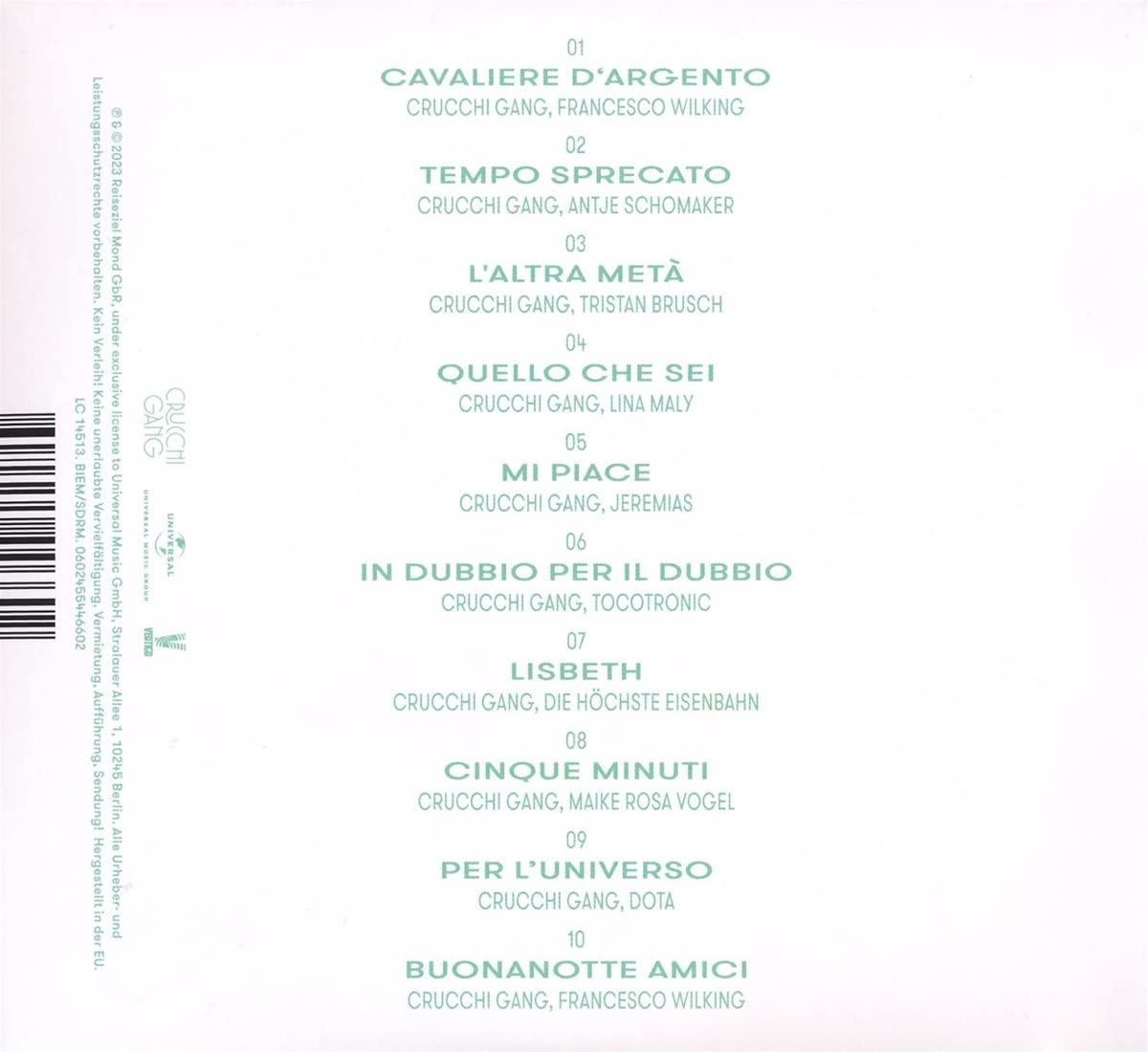 Eine CD-Hülle mit einer Titelliste auf der Rückseite, mit der Band CRUCCHI GANG.
