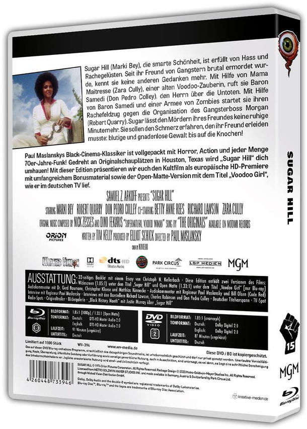 Rückseite einer DVD-Hülle für 'Sugar Hill' mit Text und Bildern des Films und der Besetzung.