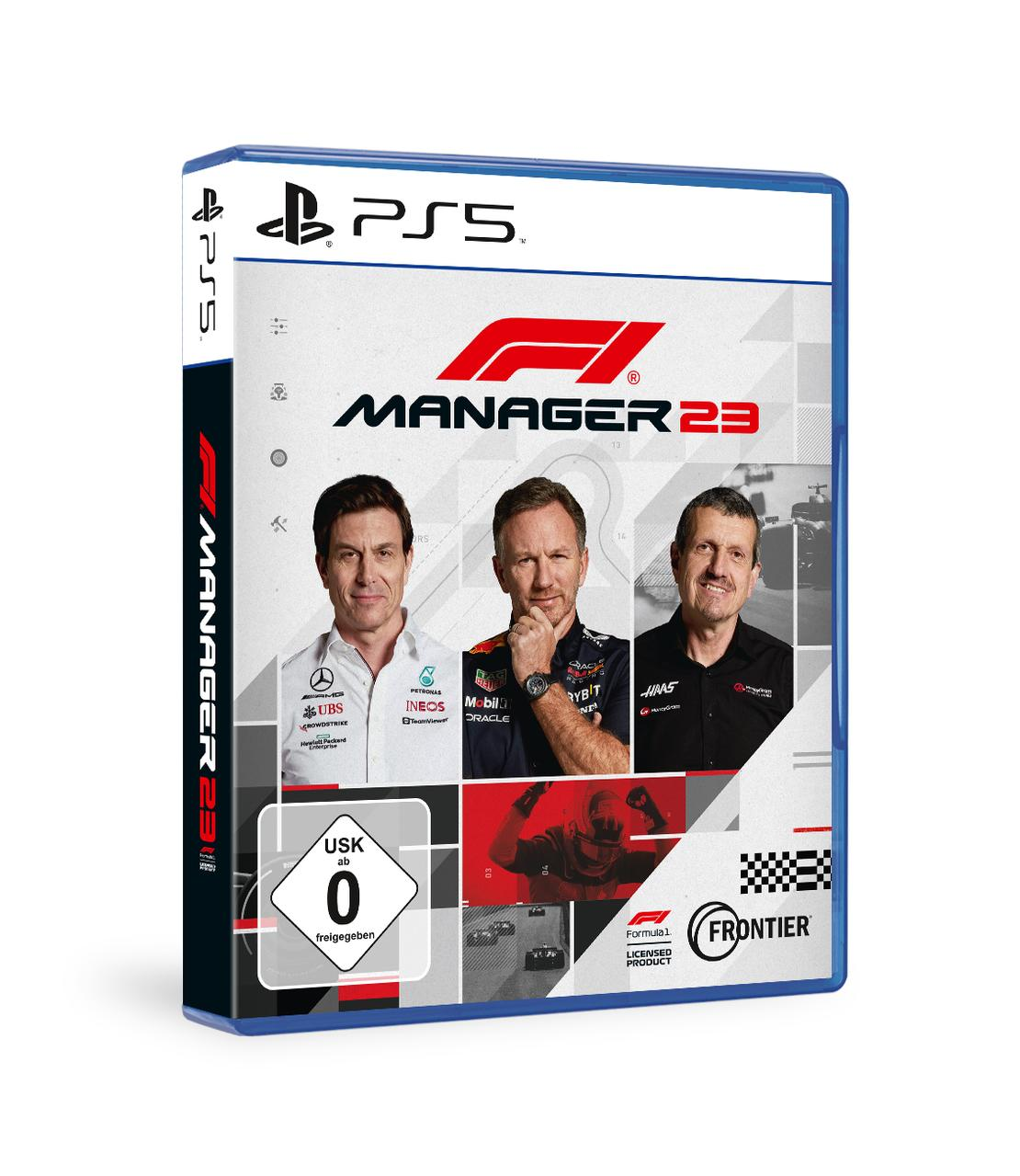 PS5-Spielbox von F1 Manager 23. Enthält Bilder von drei Männern, dem Spiel-Logo und der USK 0-Bewertung.