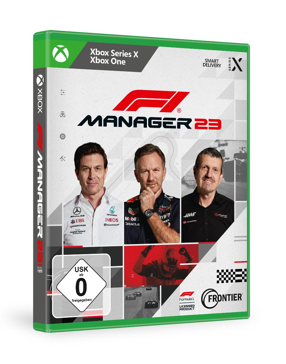 Xbox-Spielbox mit drei Personen und F1 Manager 23 Logo.
