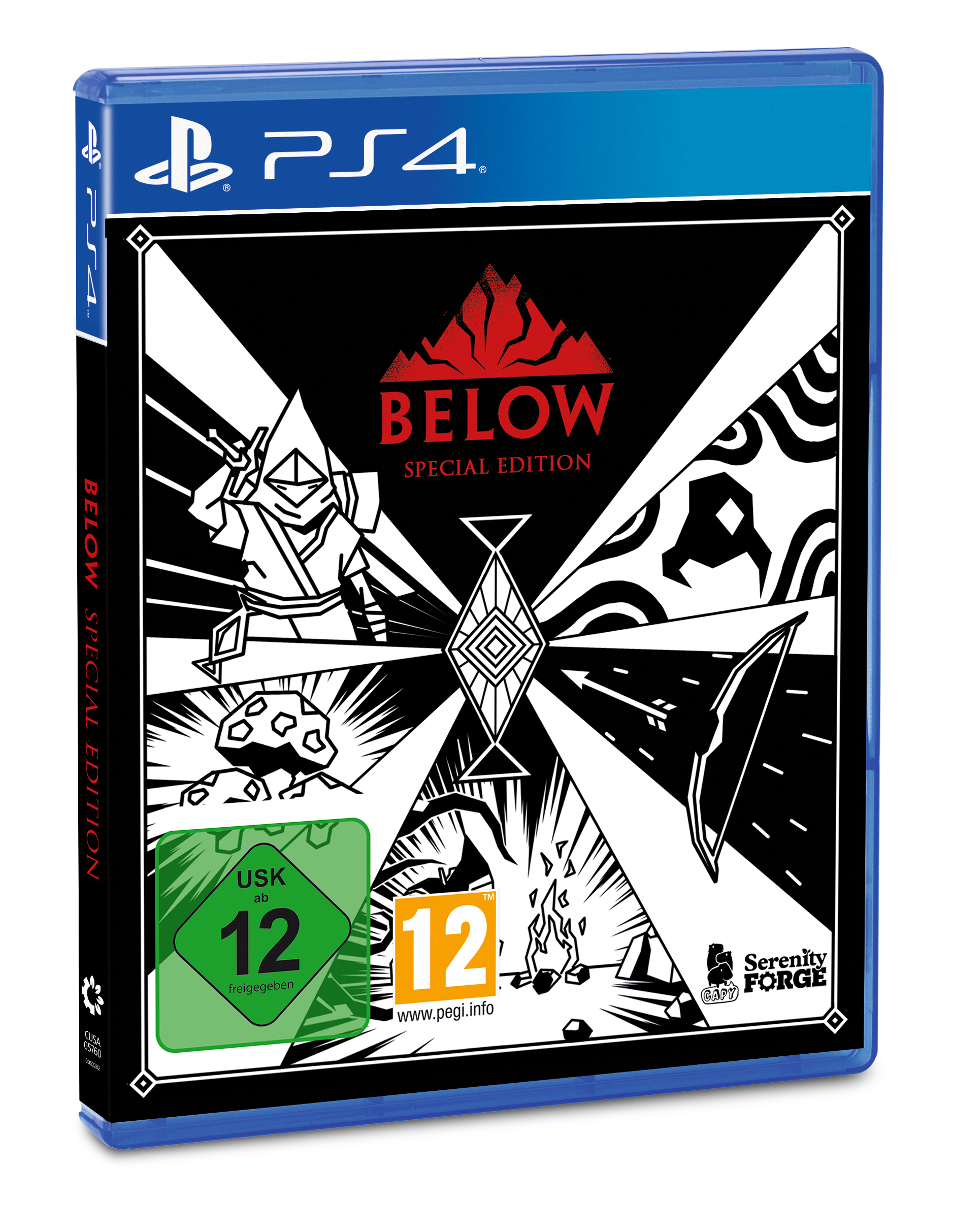 Videospielbox mit schwarz-weißem Design und dem Titel "BELOW".