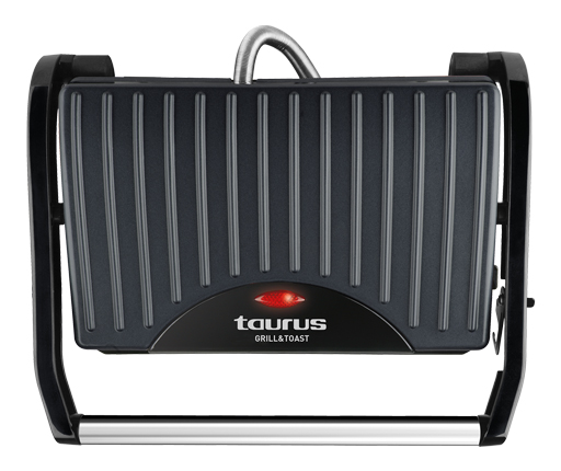 Vista superior de una Taurus Grill&Toast negra, con una luz indicadora de encendido roja.
